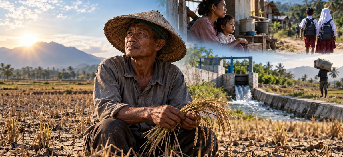 Ilustrasi seorang petani memegang batang padi di tengah sawah yang mengering dan retak akibat kekeringan. Di sekitarnya terlihat saluran irigasi, ibu bersama anak, dan dua pelajar berjalan menuju sekolah, menggambarkan dampak perubahan iklim terhadap penghidupan serta kesejahteraan keluarga petani.