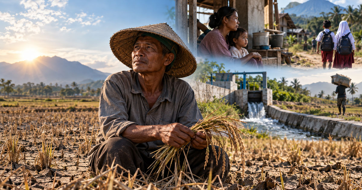 Ilustrasi seorang petani memegang batang padi di tengah sawah yang mengering dan retak akibat kekeringan. Di sekitarnya terlihat saluran irigasi, ibu bersama anak, dan dua pelajar berjalan menuju sekolah, menggambarkan dampak perubahan iklim terhadap penghidupan serta kesejahteraan keluarga petani.
