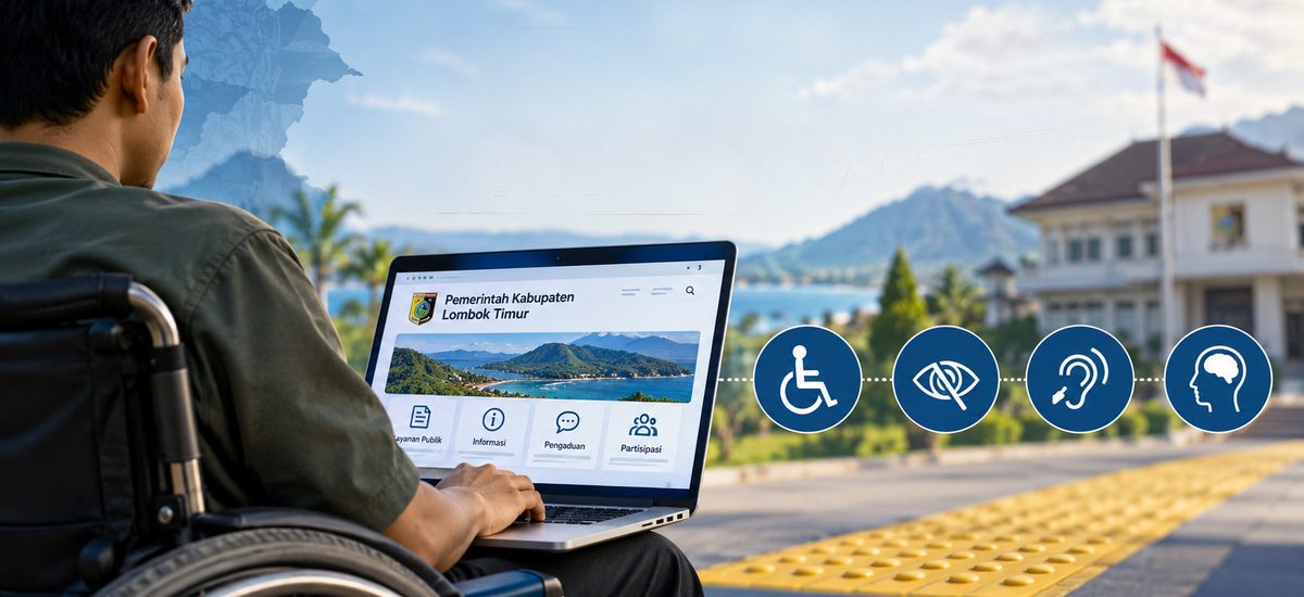 Ilustrasi seorang pengguna kursi roda mengakses layanan digital Pemerintah Kabupaten Lombok Timur melalui laptop. Simbol disabilitas, hambatan penglihatan, dan pendengaran menggambarkan pentingnya aksesibilitas layanan publik bagi semua warga.