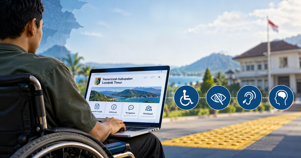 Ilustrasi seorang pengguna kursi roda mengakses layanan digital Pemerintah Kabupaten Lombok Timur melalui laptop. Simbol disabilitas, hambatan penglihatan, dan pendengaran menggambarkan pentingnya aksesibilitas layanan publik bagi semua warga.